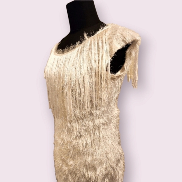 COPY - White Feather Like Dress with Tassles Fringe at Neckline - Picture 1 of 5